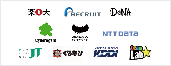 楽天 RECRUIT DeNA CyberAgent 面白法人カヤック NTTDATA ひとのときを、想うJT ぐるなび DesigningTheFutureKDDI teamLab